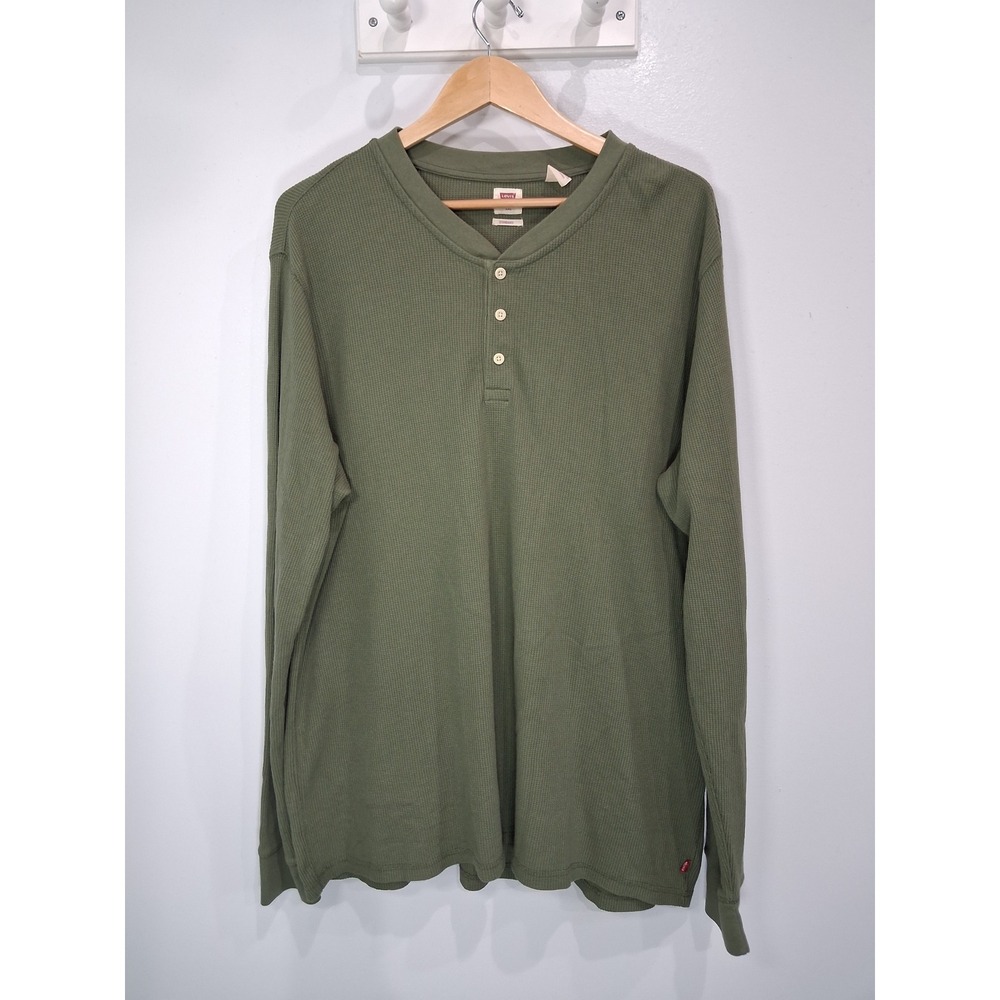 Levis Mens XXL Olive Green Waffle Knit Thermal Long Sleeve Henley Shirt
